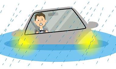 避難中の車が浸水しているイラスト