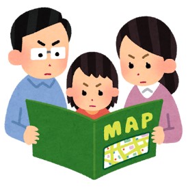 ハザードマップを確認する家族のイラスト