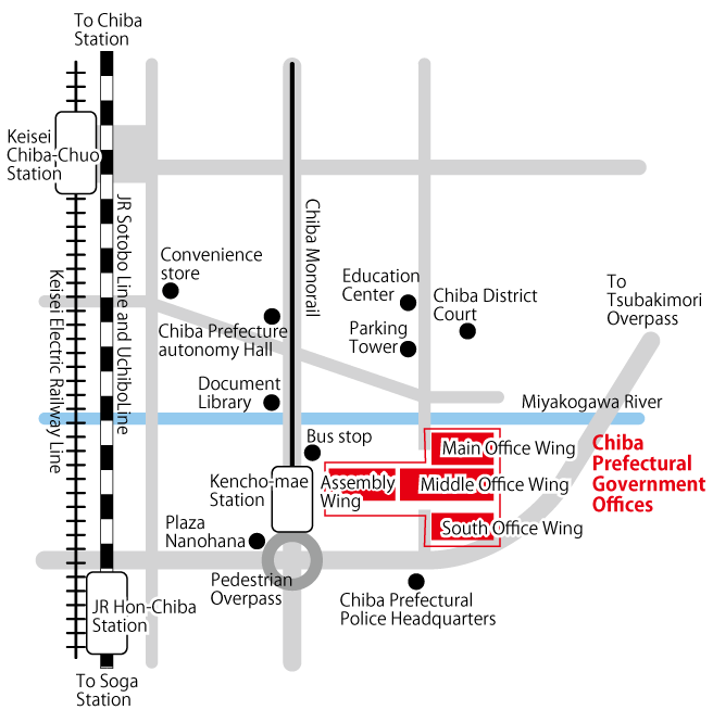 The nearest stations are JR Hon-Chiba Station, Keisei Line Chiba Central Station, Chiba Monorail Prefectural Government Front Station.