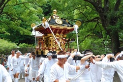 安房神社祭礼で神輿を担ぐ写真