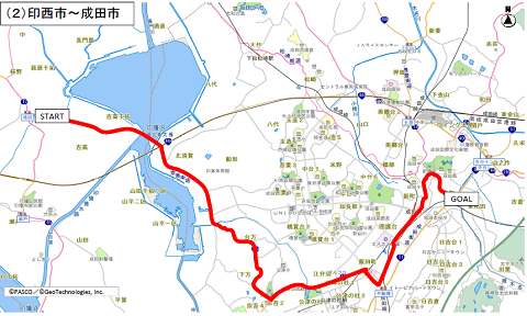 印旛沼付近を出発し、田園風景が一面に広がる豊かな自然を感じながら、宗吾霊堂を経て、成田山参道をめぐるコース［印西市・成田市］（距離約13.6km）