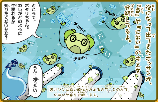 泡になって出てきたオッサンが、『色』や『におい』のもとを分解してるよ。オッサン「ところで、ポタリちゃん。わしがどのように生まれるか知りたくないかな？」ポタリちゃん「うん！知りたい！」※オゾンは強い酸化力があるので、この力で、においや色を分解します。
