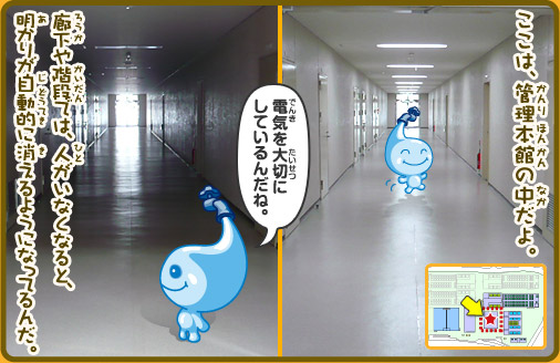 ここは、管理本館の中だよ。廊下や階段では、人がいなくなると、明かりが自動的に消えるようになってるんだ。ポタリちゃん「電気を大切にしているんだね。」