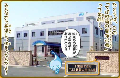 たとえば、この「ちば野菊の里浄水場」って名前…。みんなから募集して決まったんだよ！ポタリちゃん「971点もの応募があったんだ！ありがとう!!」