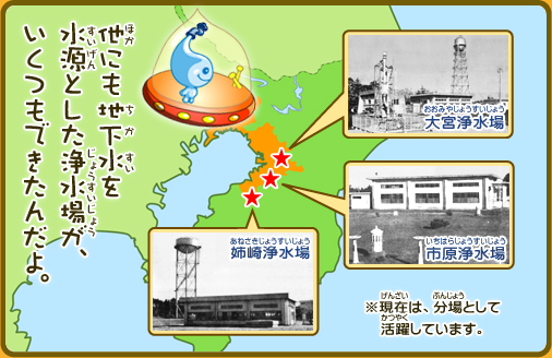 他にも地下水を水源にした浄水場が、いくつもできたんだよ。※現在は、分場として活躍しています。（大宮浄水場）（市原浄水場）（姉崎浄水場）