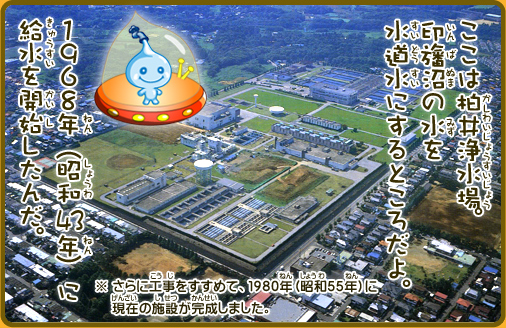 ここは、柏井浄水場。印旛沼の水を水道水にするところだよ。1968年（昭和43年）に給水を開始したんだ。※さらに工事をすすめて、1980年（昭和55年）に現在の施設が完成しました。