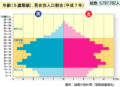 年齢（5歳階級）,男女別人口割合（平成7年）