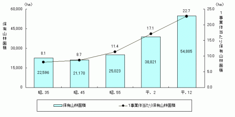 グラフ保有山林面積及び1事業体当たり保有山林面積